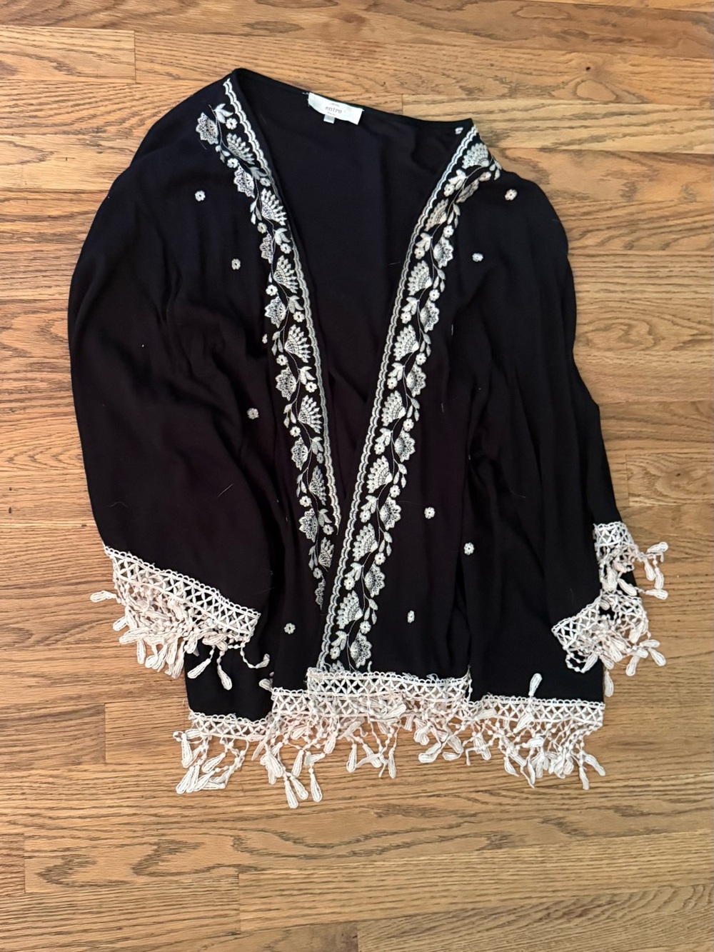 Embroidered Black Boho Fringe Cardigan